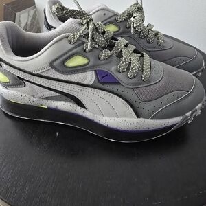 Puma Gray and White Sneakers with Green Accents Like New